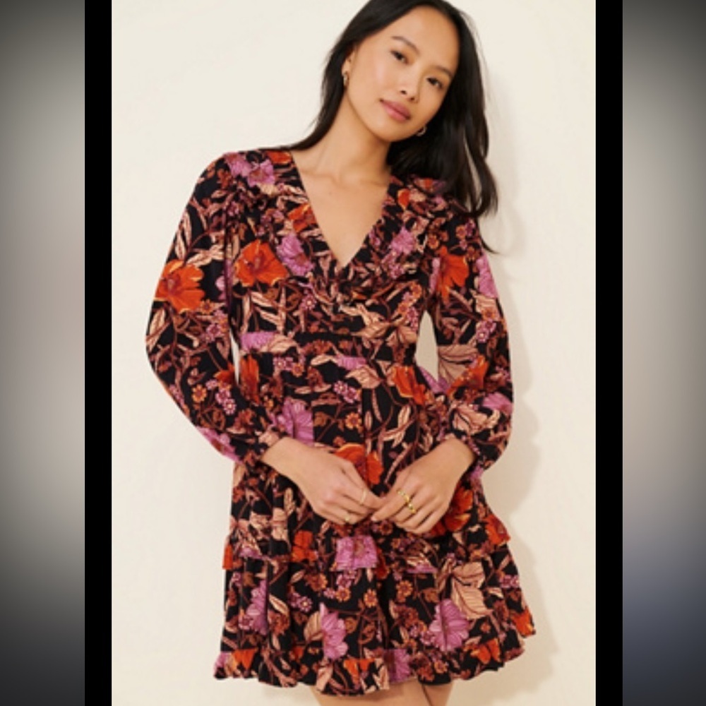 Pilcro Black Floral V-Neck Long Sleeve Corduroy Mini Dress Small